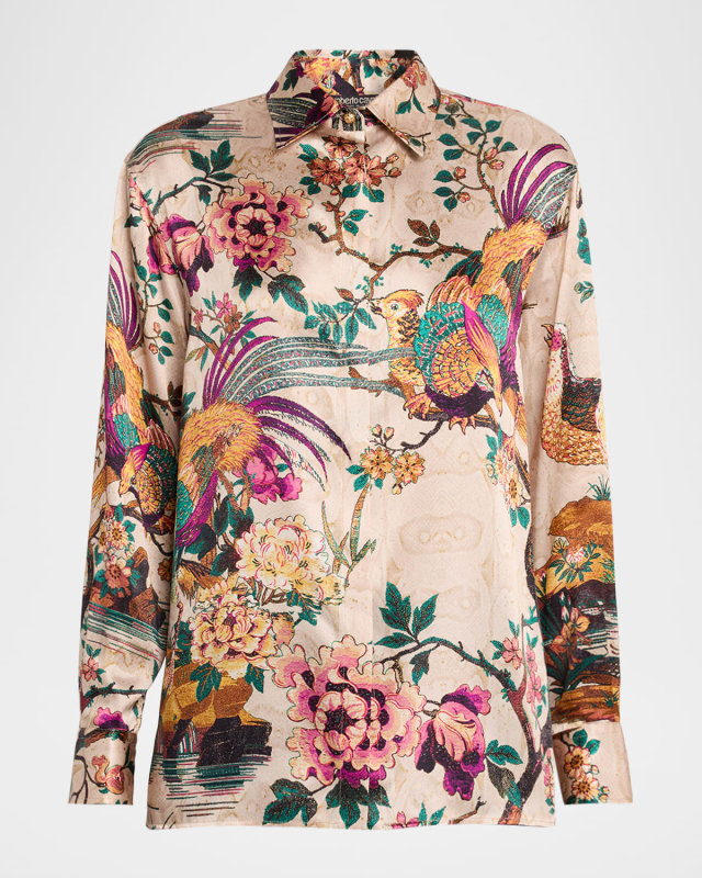 Printed Silk Button-Down Shirt